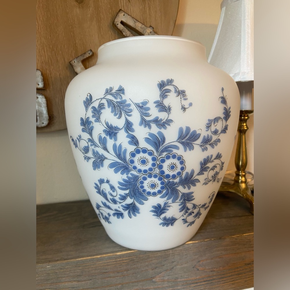 Norleans Italy Vase Blue Floral Pattern White Frosted Satin MCM Cottage Core